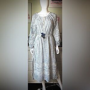 LoveShackFancy Isla 100% Cotton embroidered dress white & blue stripes size XS